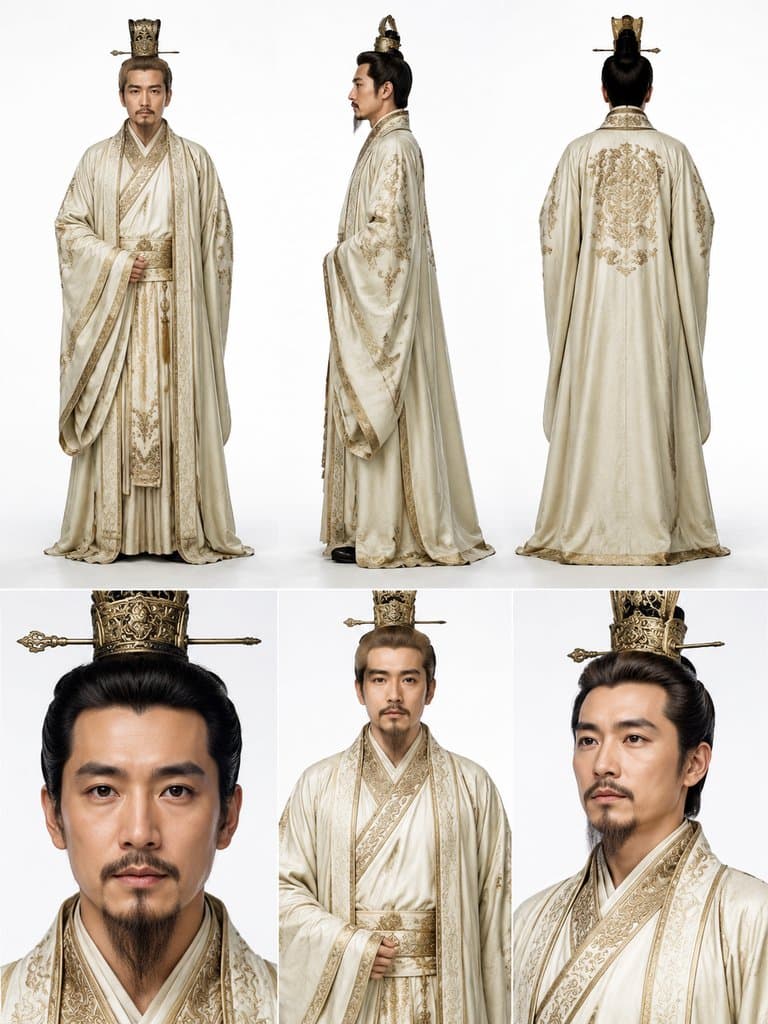 舜帝身穿朴素帝袍，头戴古冠，写实风格上古帝王形象