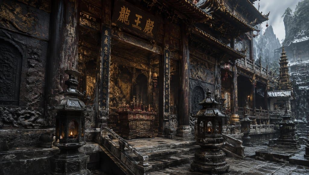 龙王庙殿宇，古朴雕梁画栋，香火缭绕，东方神话写实风格建筑