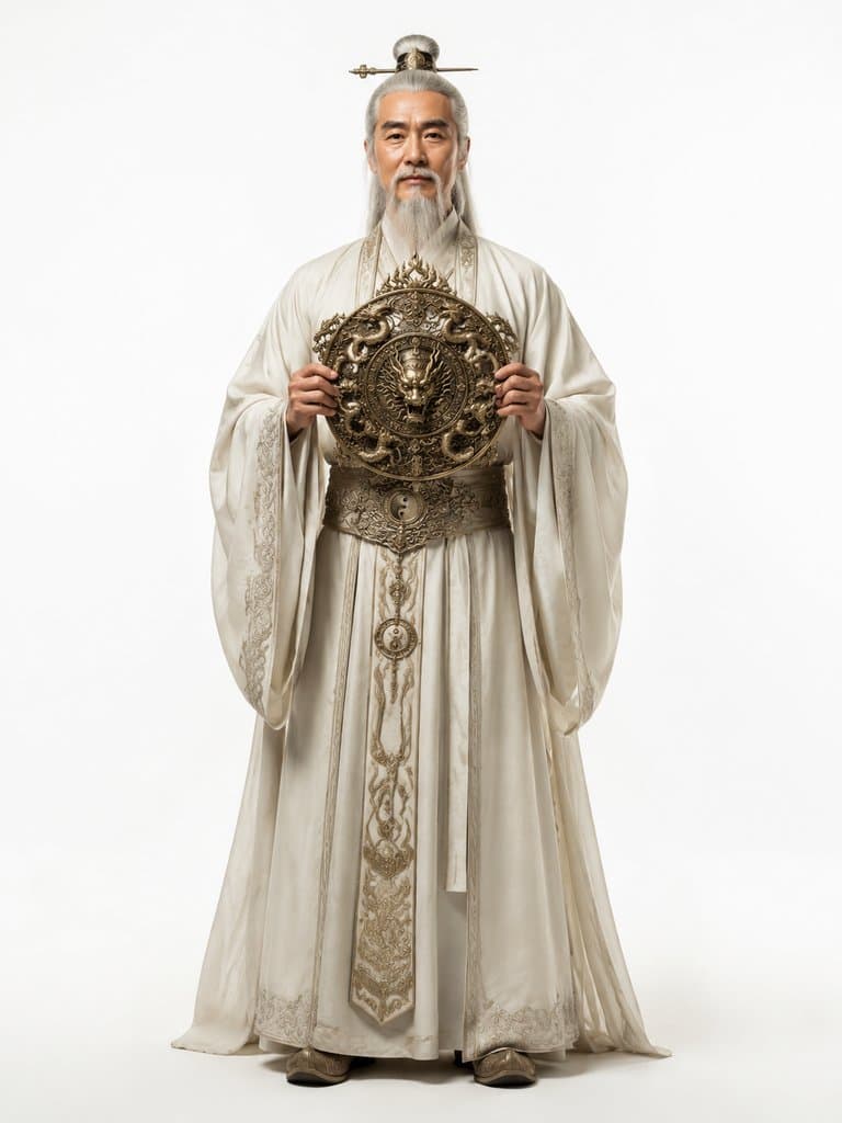 太乙真人身穿道袍，手持九龙神火罩，白发长须，慈祥威严，写实风格神话角色