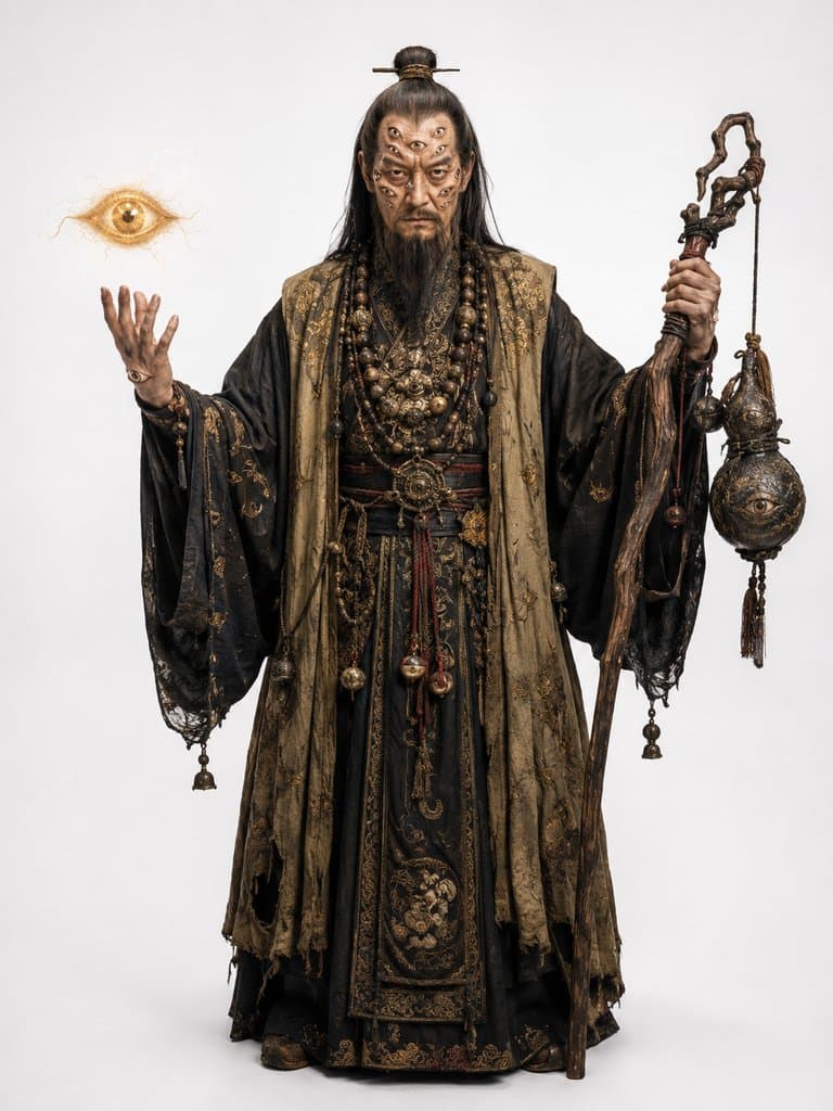 蜈蚣精多目怪，东方神话写实角色，手持法杖，头顶金光之眼，面部多目，身穿古风道袍