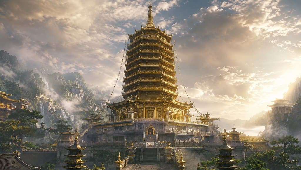 金色灵山宝塔，层叠覆瓦，铃铎垂挂，金光闪耀，东方神话写实风格建筑