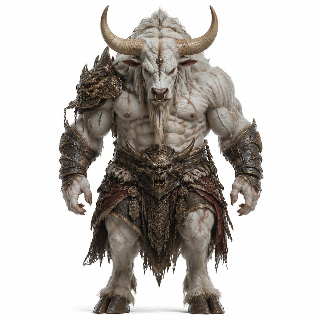 牛魔王真身，巨型白牛，巨角威压，东方神话写实异兽，3D资产参考