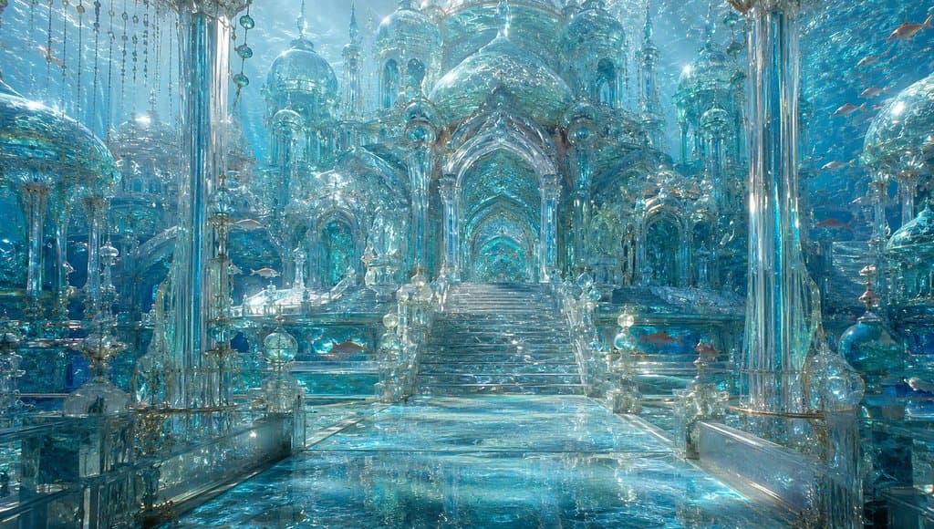 水下水晶宫殿，通透晶壁与游鱼环绕，东方神话风格写实场景