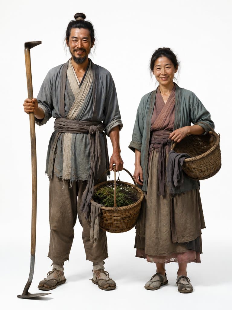 农夫与村妇身着布衣，手持农具与竹篮，质朴东方写实风格角色