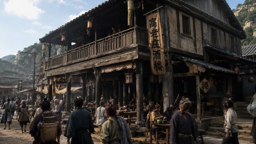 古代东方集镇酒楼，二层木结构建筑，悬挂招幌，人群熙攘，写实风格