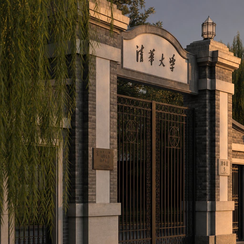 清华大学东门铁艺校门，垂柳摇曳，写实都市校园风光