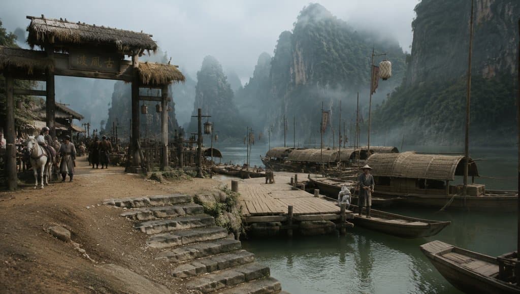 古风渡口码头，木船停泊，艄公伫立，山雾缭绕的东方神话写实场景