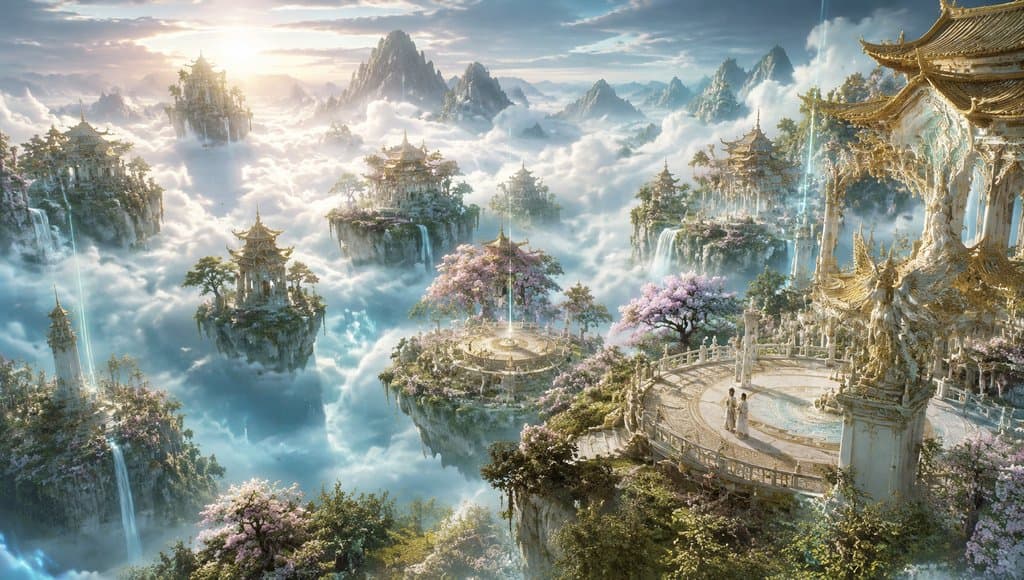 上古昆仑悬圃仙境，云端仙园奇花瑞气，中式古典建筑悬浮于云海之上，写实奇幻风格