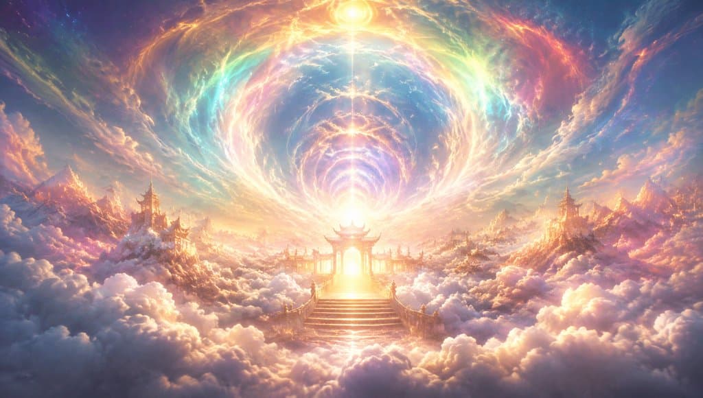 祥云缭绕的东方神殿，彩虹光晕环绕，金色阶梯通向光芒四射的天门，写实风格