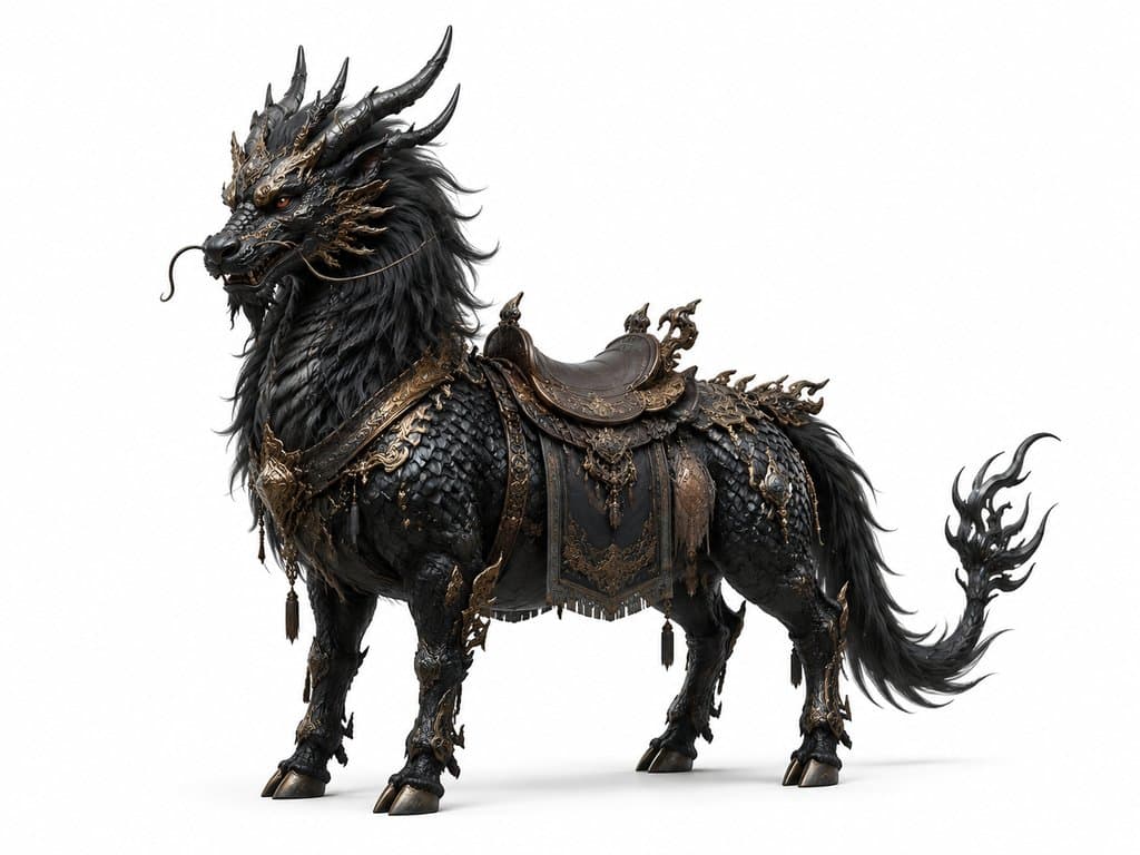 墨麒麟坐骑，黑色鳞甲神兽，金色装饰鞍具，东方神话风格写实3D模型