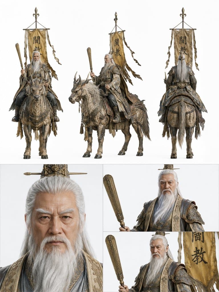 姜子牙骑四不像，持打神金尺，身披道袍，白须飘逸，杏黄旗随风飘扬，写实风格3D角色