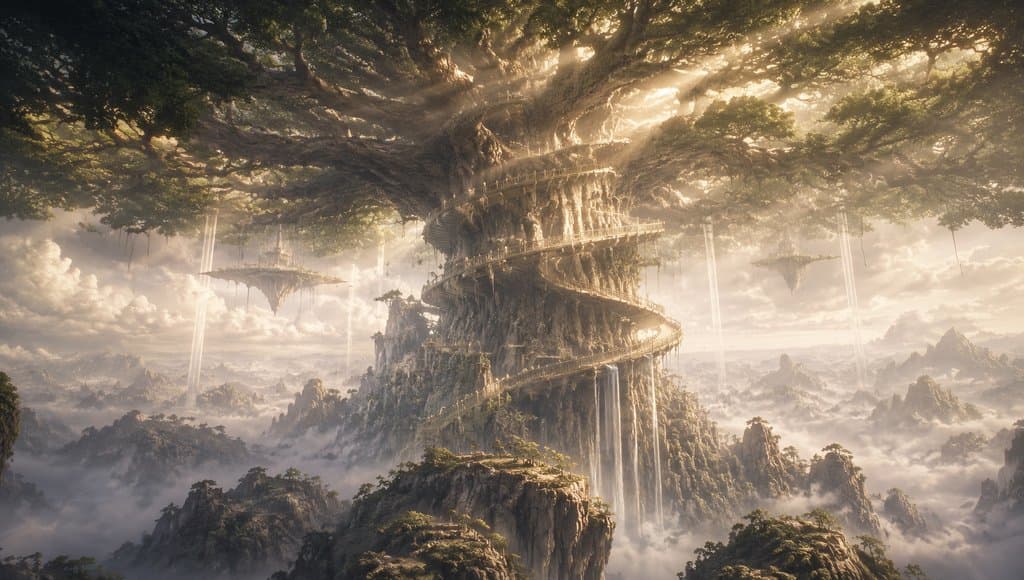 通天巨木建木，神光穿透云雾，螺旋阶梯环绕，上古洪荒写实场景