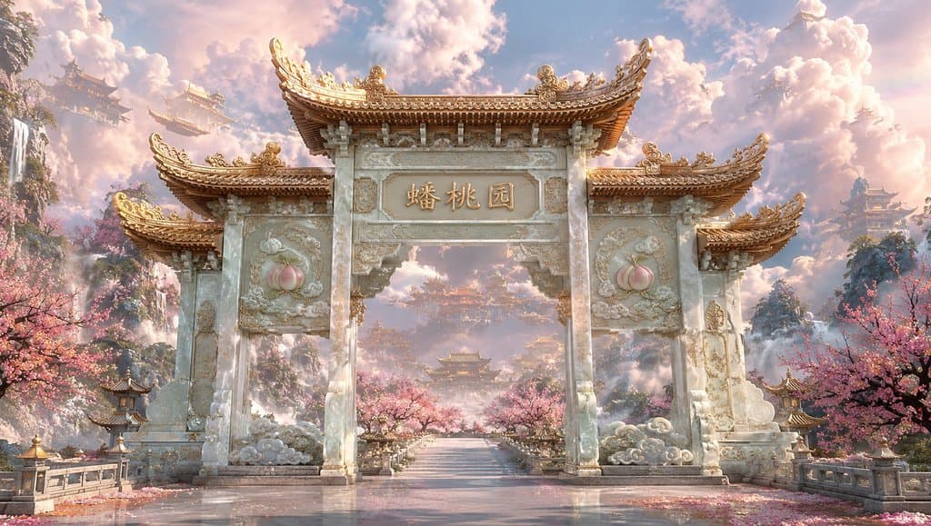 天宫蟠桃园玉雕门楼，金色飞檐祥云环绕，桃纹装饰，东方神话写实风格