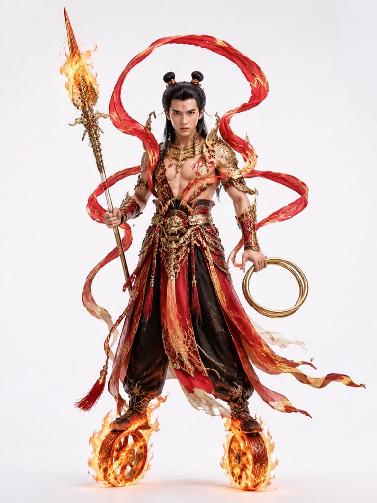 哪吒三太子手持火尖枪，脚踏风火轮，身披混天绫，佩戴乾坤圈，写实风格东方神话角色