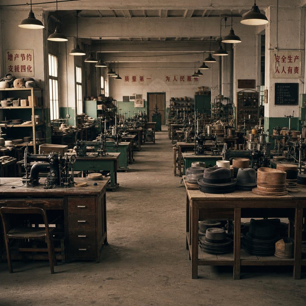 1970年代中国工厂帽子车间，木质操作台与工人工位，复古工业风格