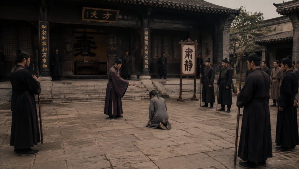 古装祠堂前，一人跪地受罚，官员持棍训诫，两侧侍卫肃立，青石板庭院，写实风格