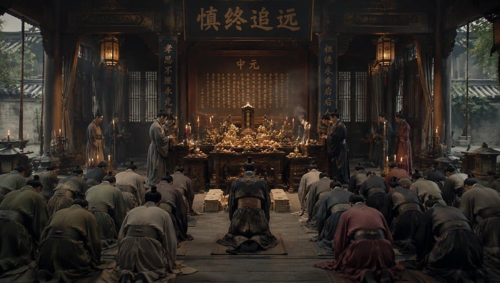 古装世家祭祖场景，众人跪拜香案前，烛火摇曳，供品纸钱陈列，写实风格