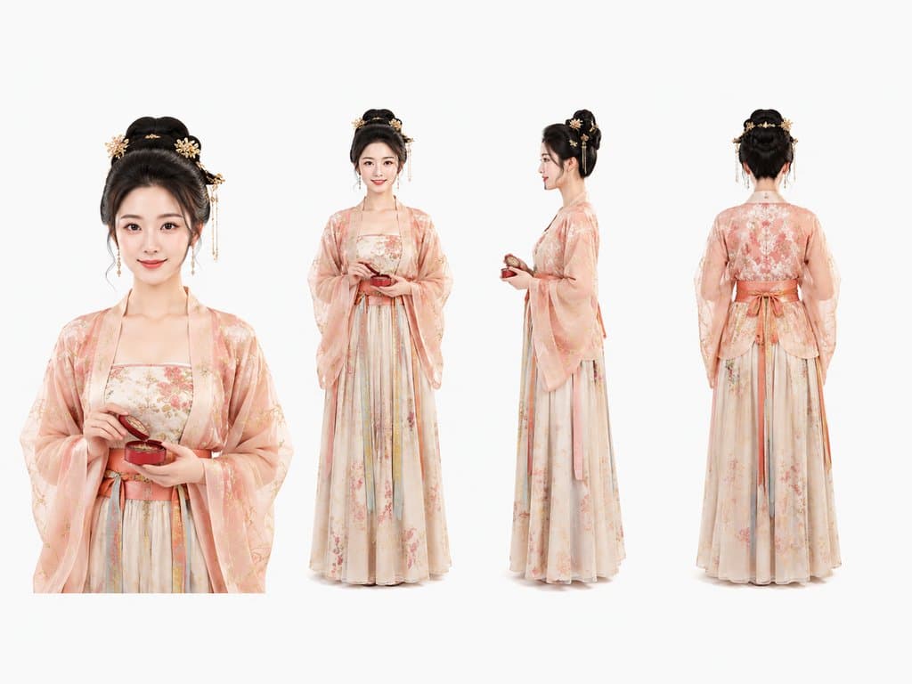 古装宫廷女掌柜，身着粉色花纹汉服，手持胭脂盒，精致发饰，写实风格