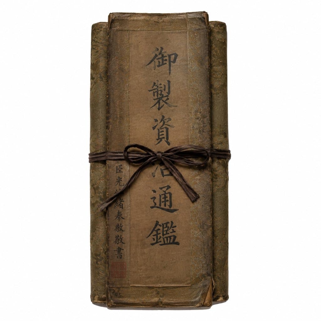 古色古香的线装书卷，封面墨书‘御製資治通鑑’，系有深色丝带，呈现古典宫廷写实风格。