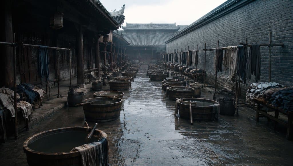 古装宫廷浣衣局，木盆棒槌与晾衣竿，湿漉地面，写实风格