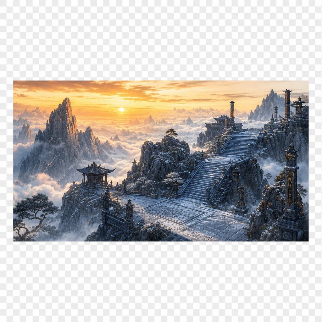 古风仙侠游戏场景，落霞峰山顶夕阳余晖，云海缭绕，孤绝险峻的山峦与古建筑