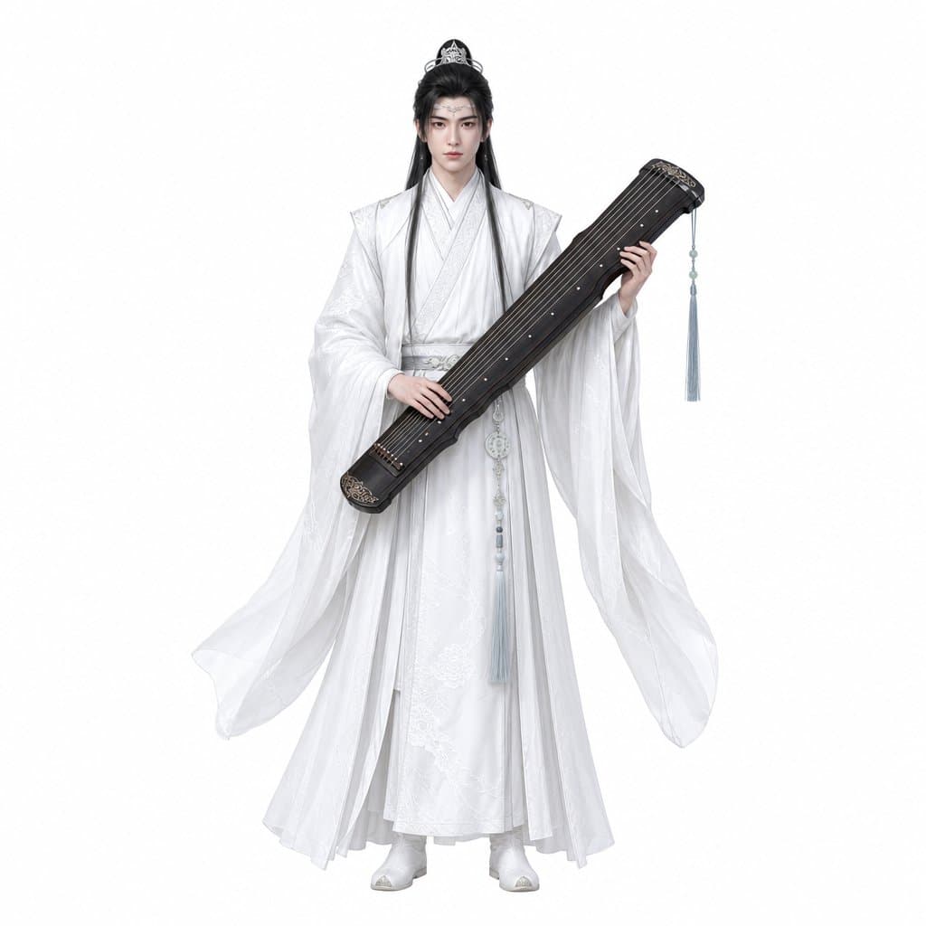 古风仙侠白衣琴师，身着白色广袖长袍，怀抱古琴，额间白玉发篆，飘逸出尘