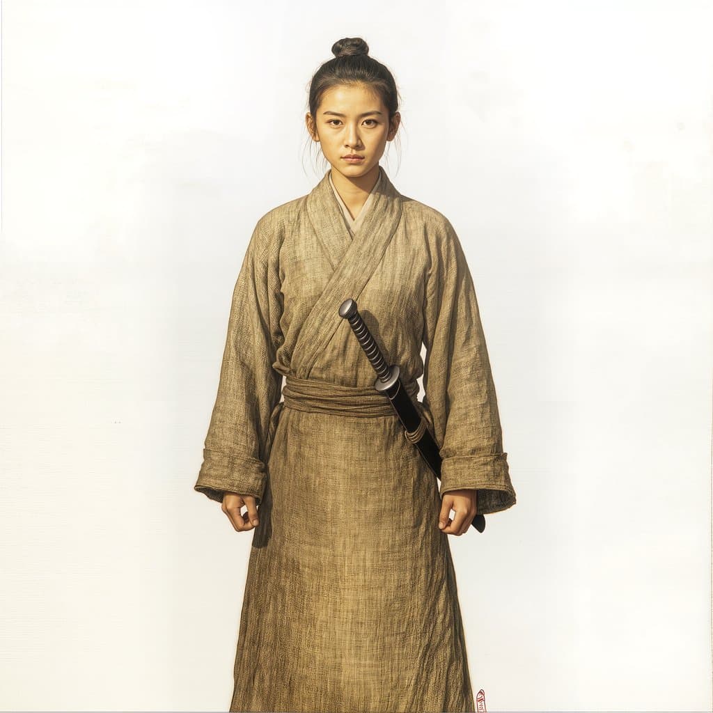 古风写实风格的女性屠户，身穿麻布衣裳，腰间佩剔骨刀，面容英气