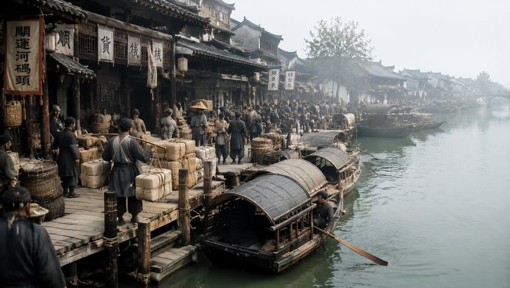 古镇码头乌篷船与挑夫，古装写实场景，木质栈桥货栈，繁忙水运