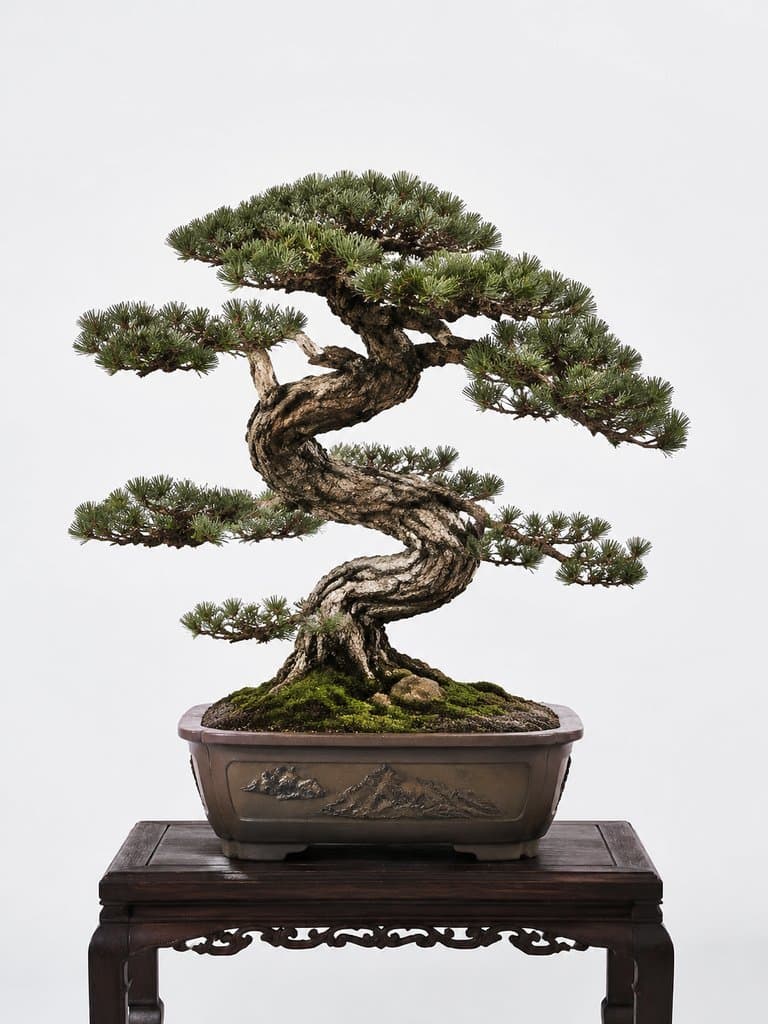虬曲古松盆景，苍劲枝干，青翠针叶，置于雕花陶盆中，古典中式风格