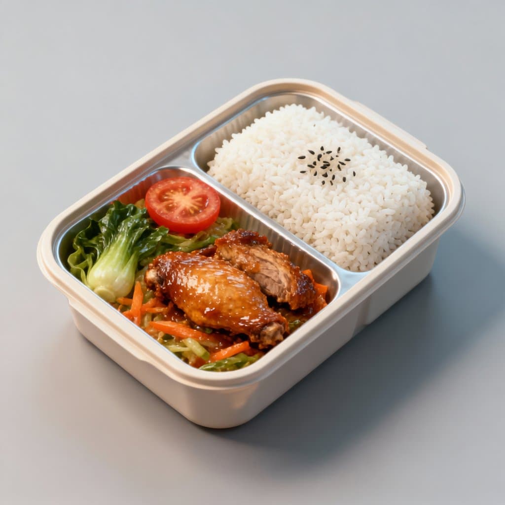 中式便当，包含白米饭、烤鸡腿、蔬菜和番茄，分格餐盒，简洁写实风格