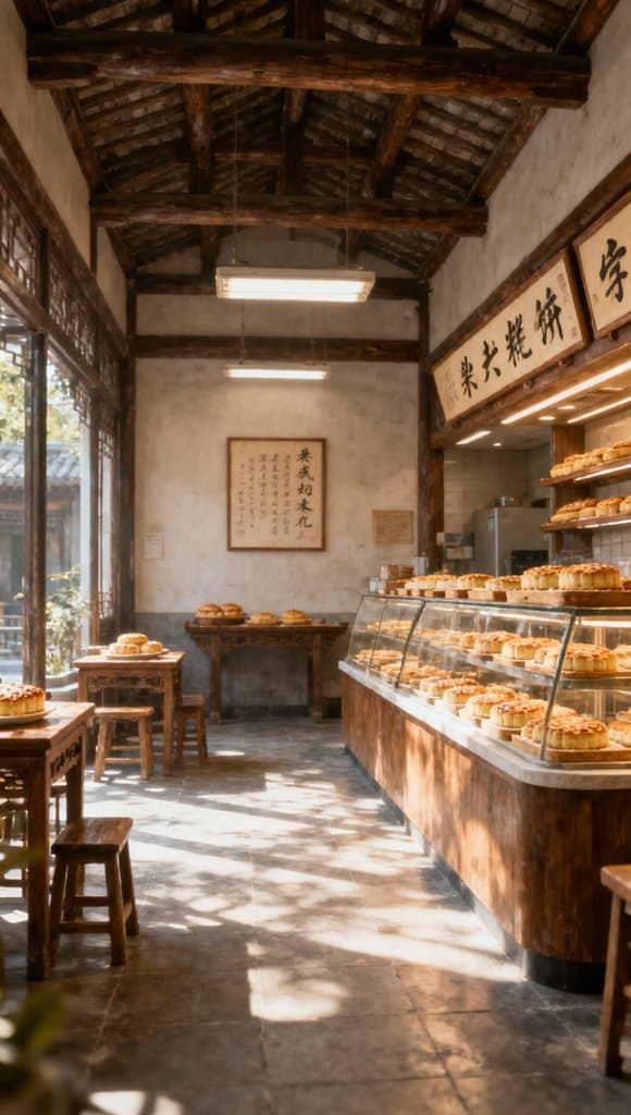 传统中式糕饼店内部，木质柜台陈列各式糕点，阳光透过窗户洒入，古朴典雅
