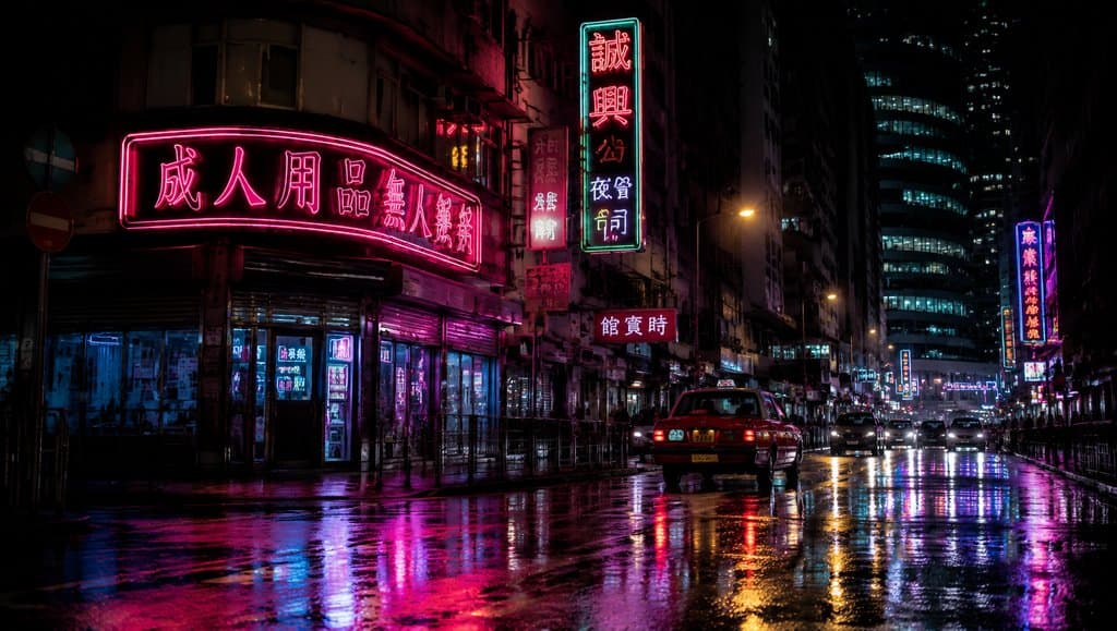夜晚雨中霓虹闪烁的城市街景，彩色招牌倒映在湿漉漉的路面，充满迷离氛围的现代都市写实画面