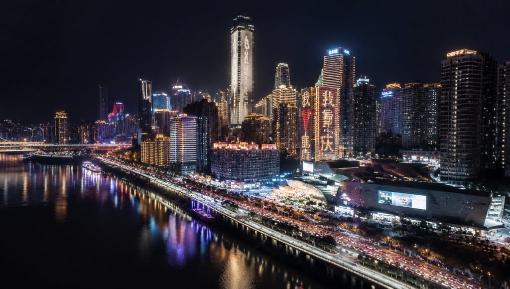 夜幕下灯火辉煌的现代都市天际线，江岸车流不息，高楼林立，灯光倒映水中，写实风格