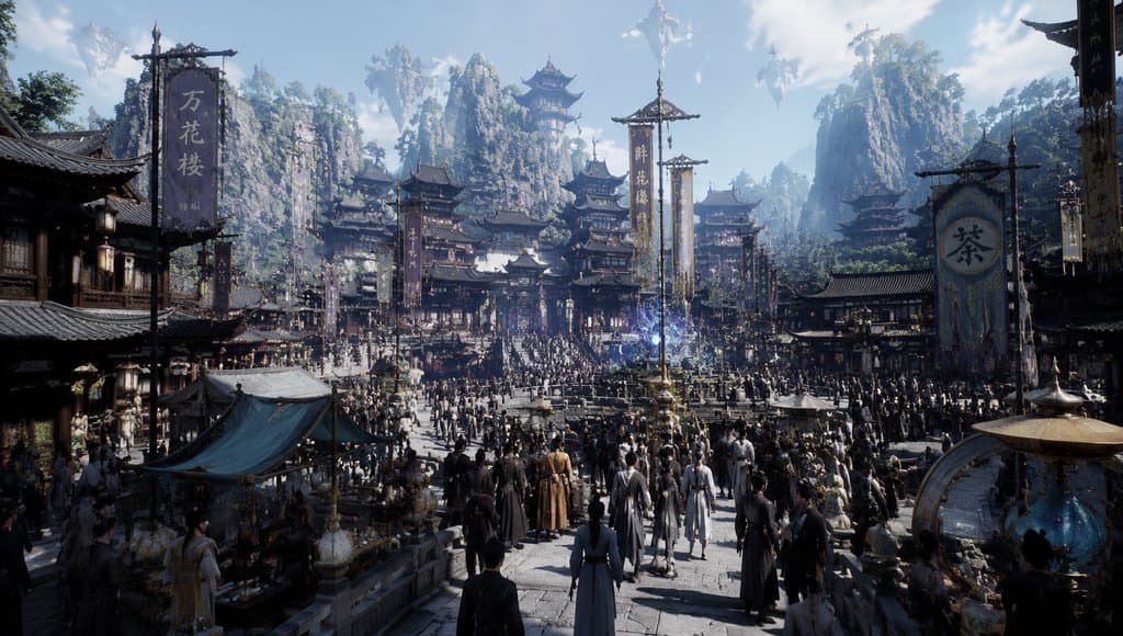 东方仙侠风格坊市，人群熙攘，古建筑林立，悬浮招幡飘扬，写实3D场景