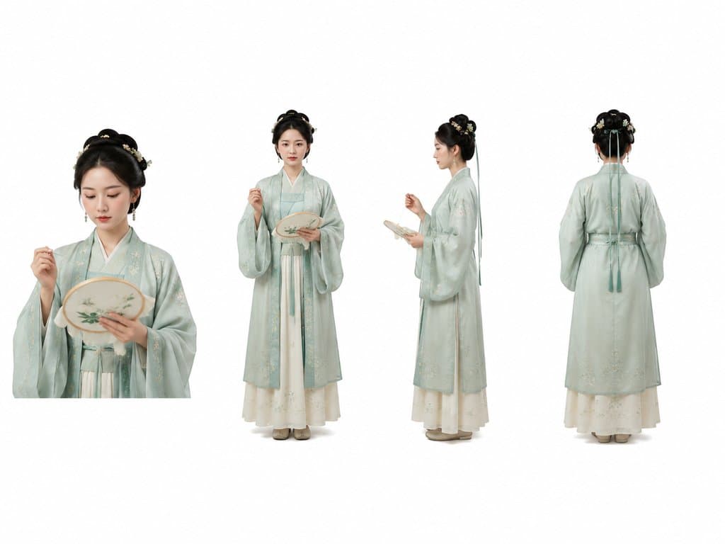 古装绣娘手持绣绷，身着青色汉服，精致发饰，写实风格
