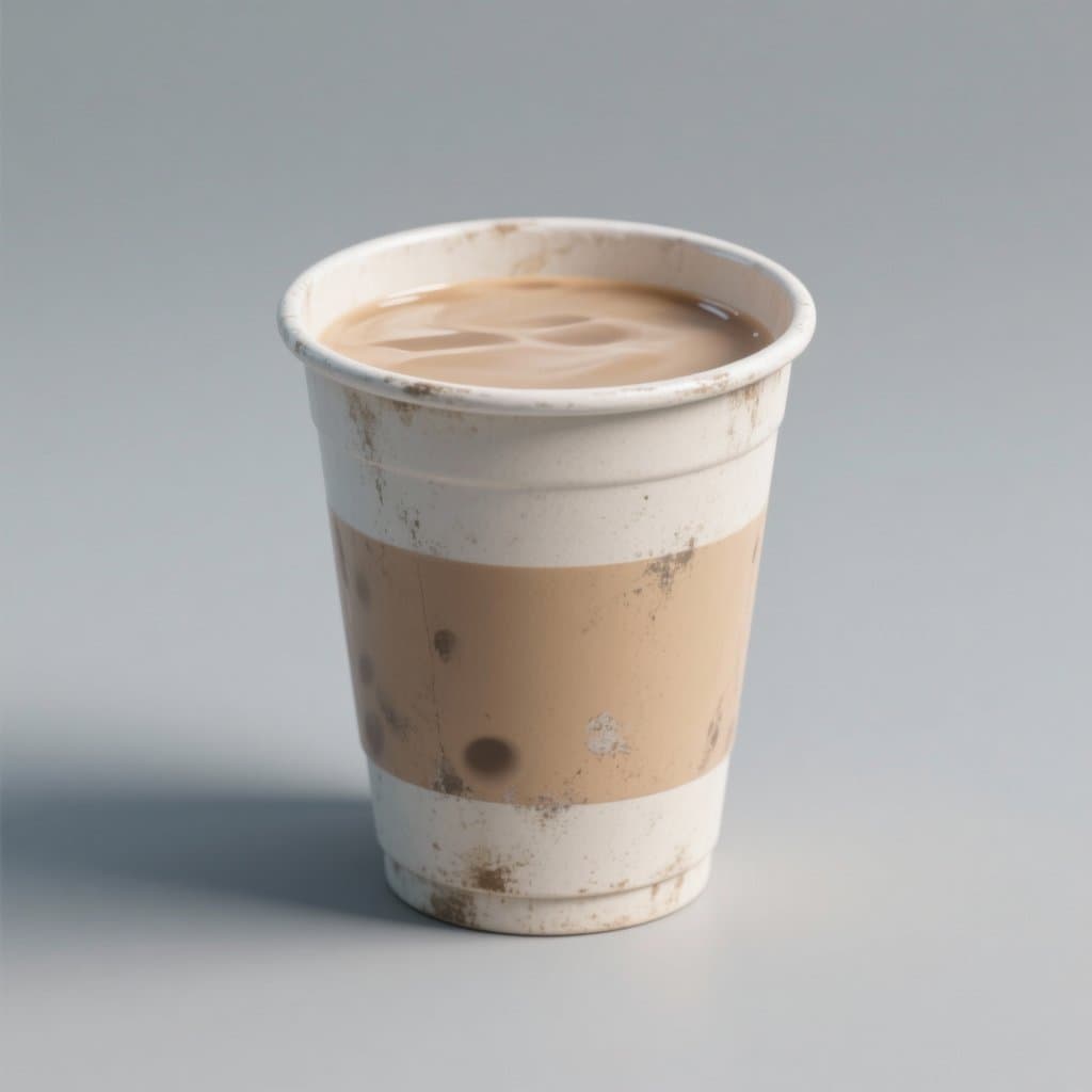 一个空的奶茶杯，杯身有奶茶残留痕迹，简洁风格