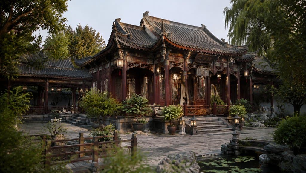 古装宫廷暖阁建筑，飞檐雕窗，抱厦设计，中式古典风格
