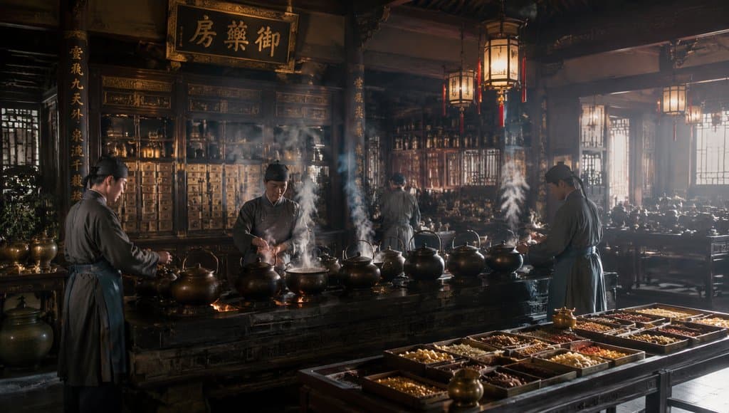 古装宫廷御药房内，药师在药炉前煎药，蒸汽弥漫，药材陈列，写实风格