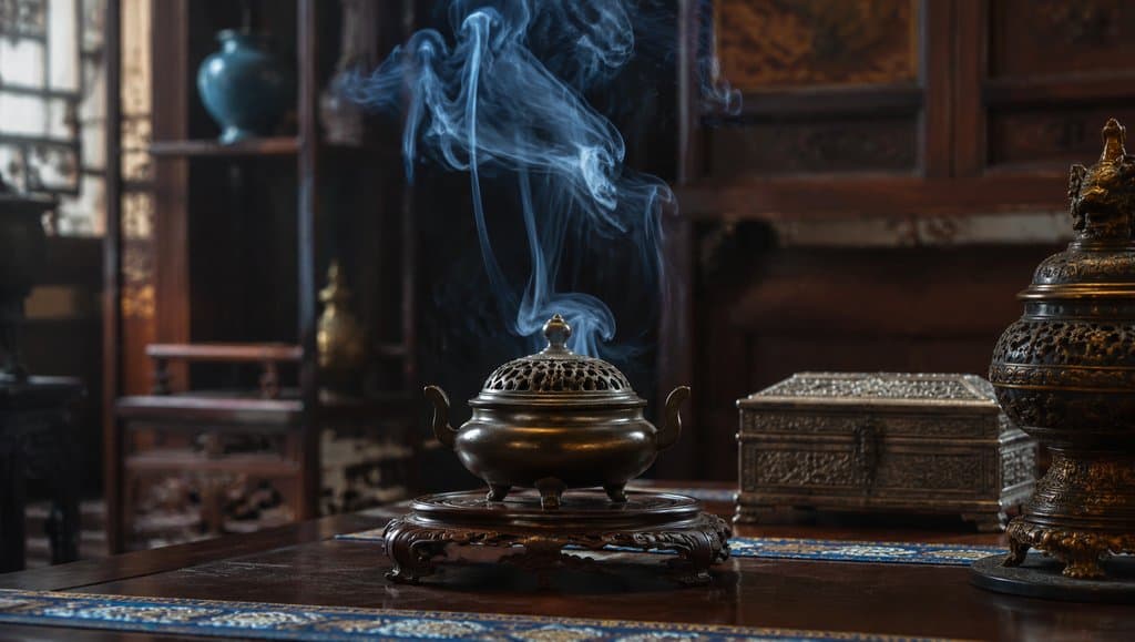 古风铜香炉中青烟袅袅上升，置于雕花木桌，背景为中式宫廷陈设