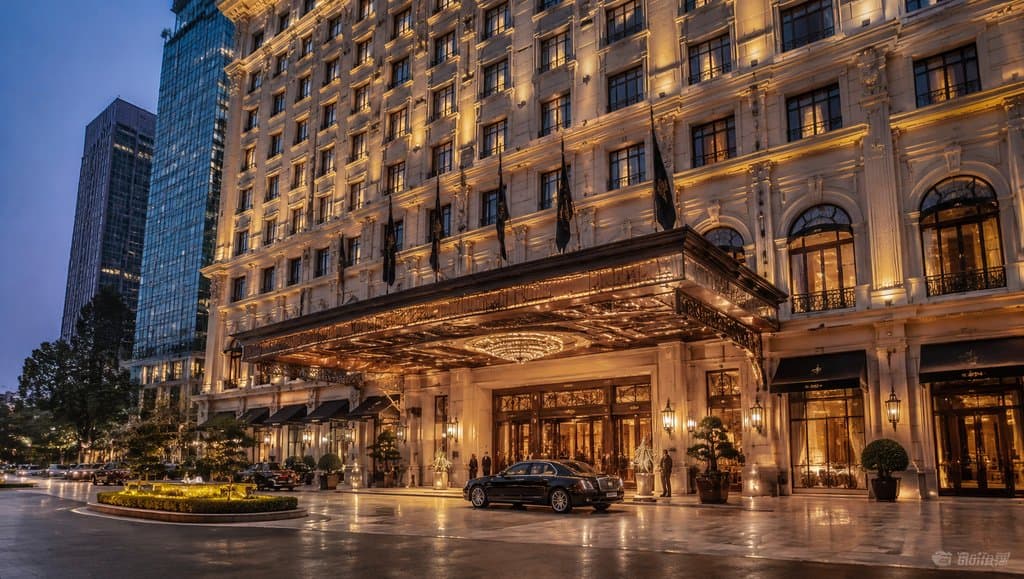 宏伟的五星级酒店夜景，金色灯光照亮古典建筑立面，门前停着豪华轿车，现代都市氛围