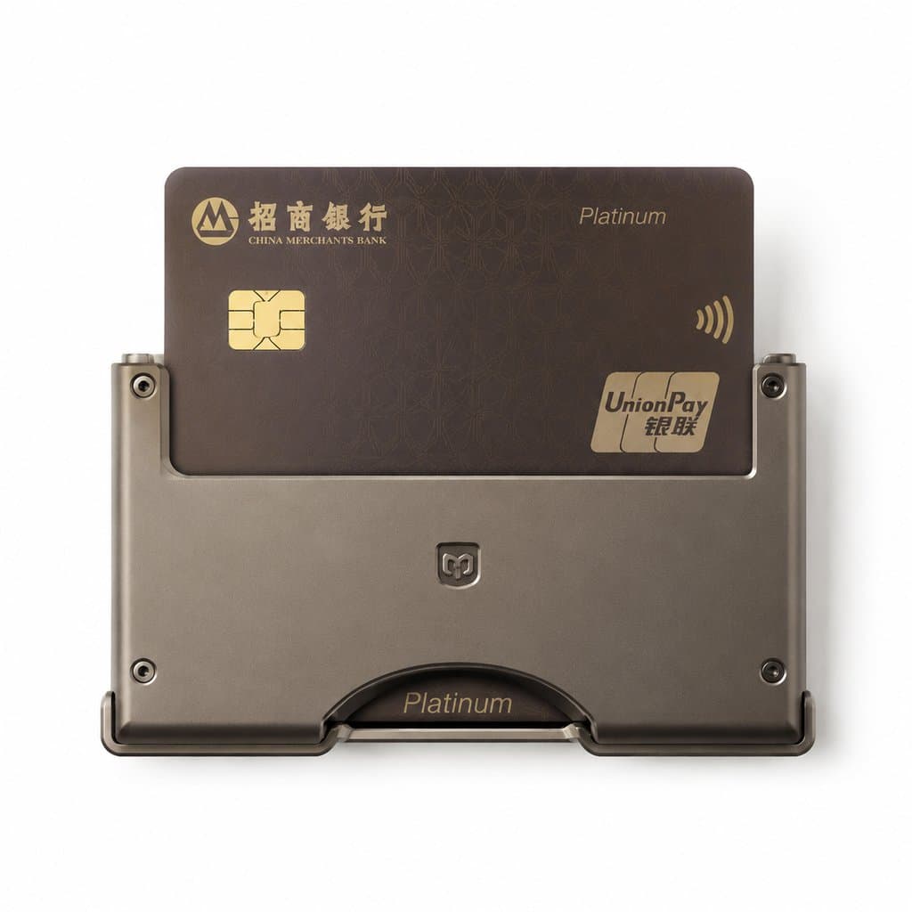 招商银行铂金信用卡置于金属卡夹中，金色芯片与UnionPay标志，现代都市写实风格