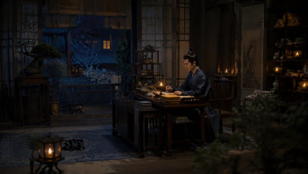 古装男子在烛光下于书房夜读，桌上摆放典籍与文房四宝，窗外夜色朦胧，中式古典写实场景