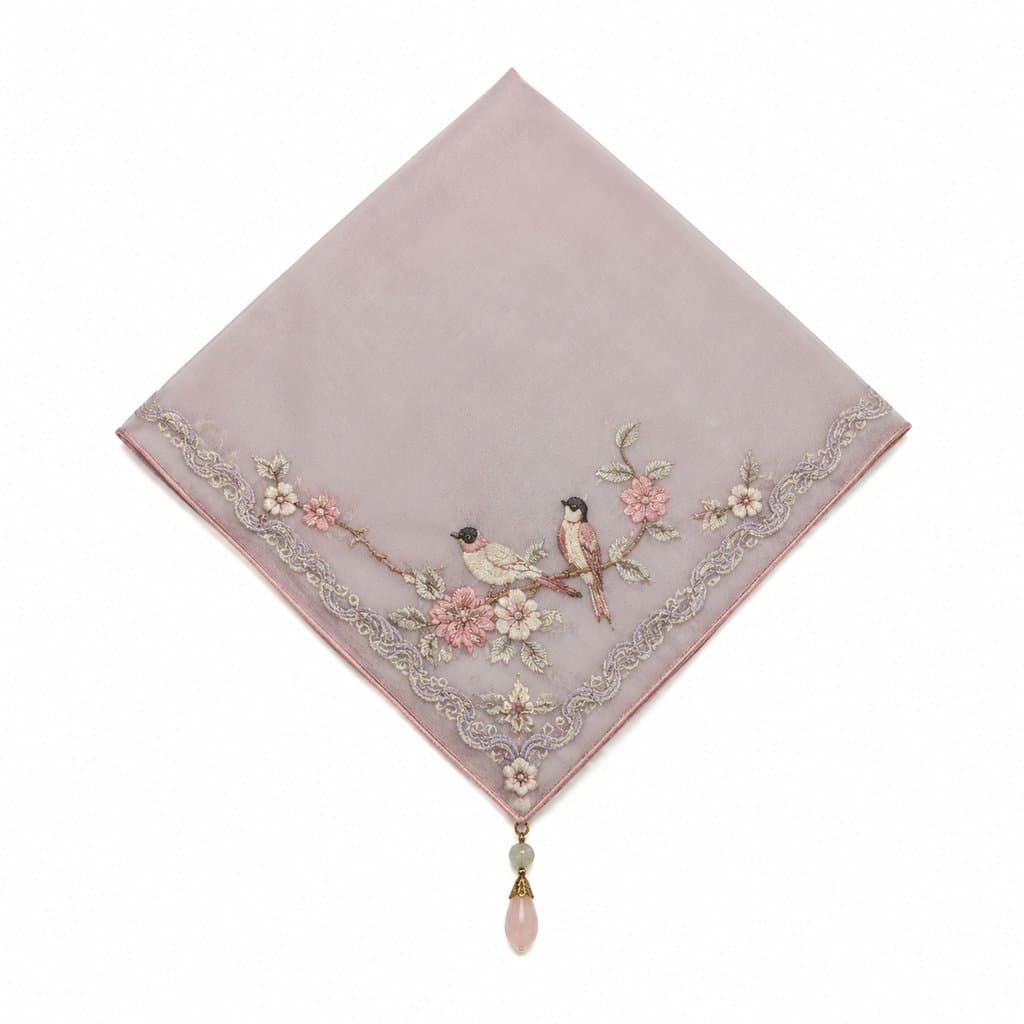 淡粉色绣花绢帕，绣有花鸟图案，边缘蕾丝装饰，配珠坠，古风宫廷风格