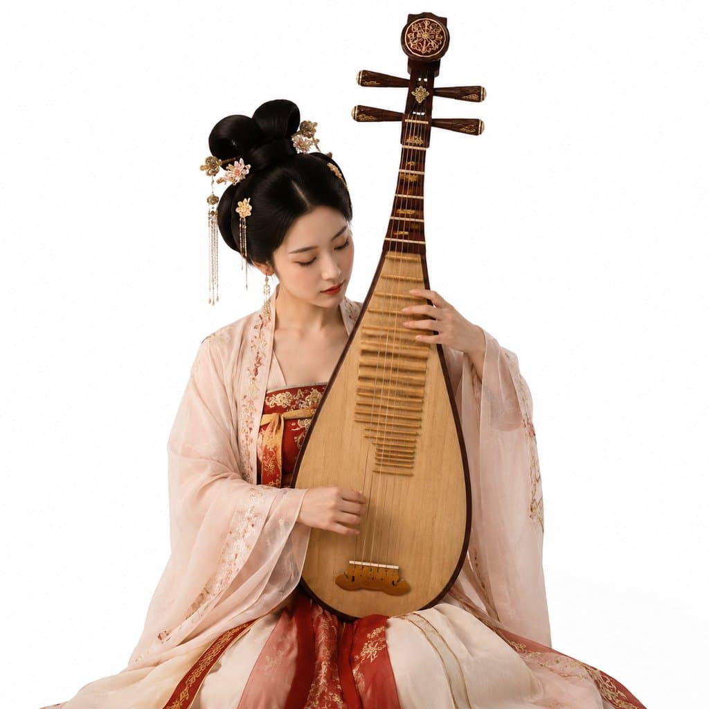 古装女子演奏琵琶，梨形音箱，雕花琴头，缠弦设计，写实风格