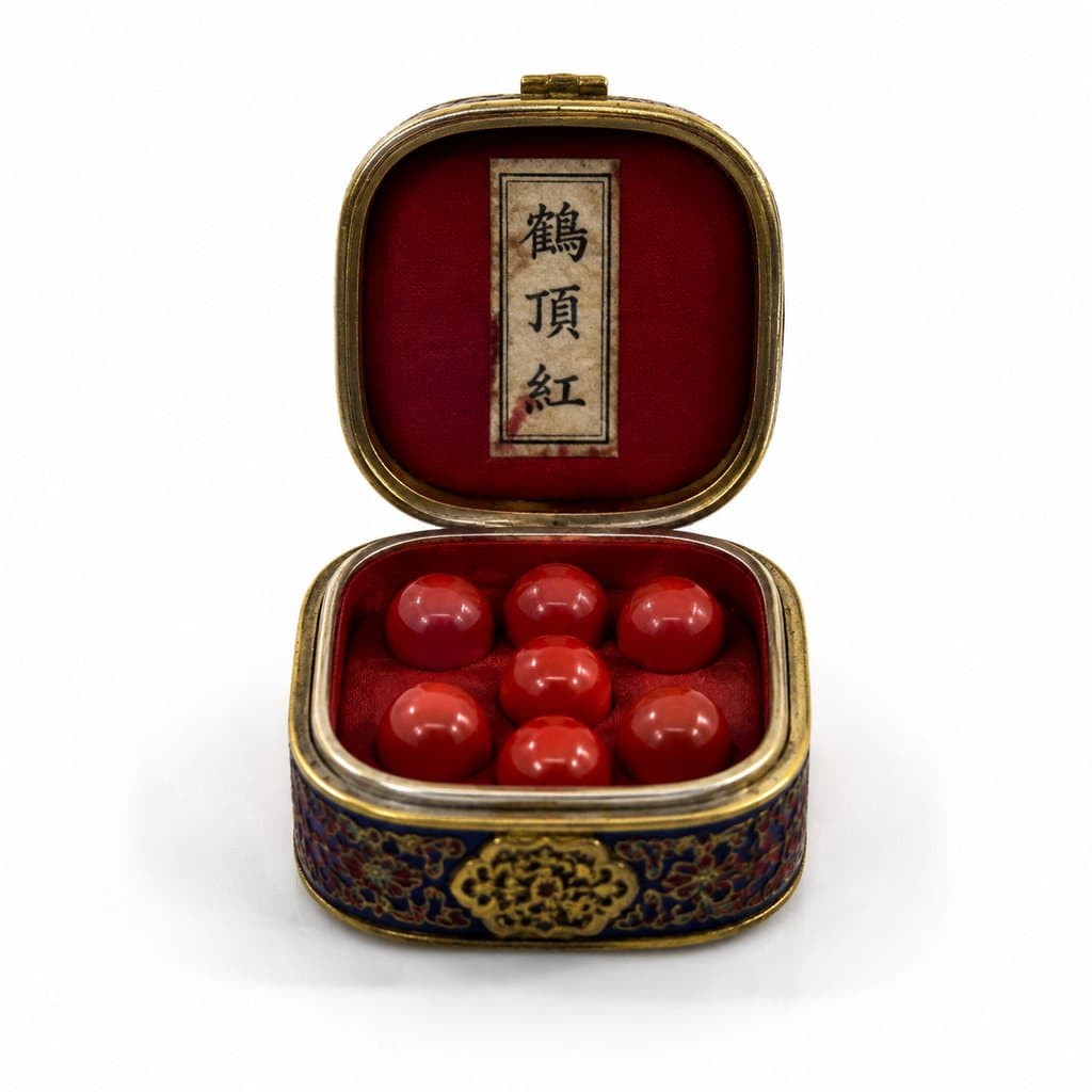 古装宫廷风格毒药红丸，红色药丸置于精美金属盒中，盒内标有“鹤顶红”字样