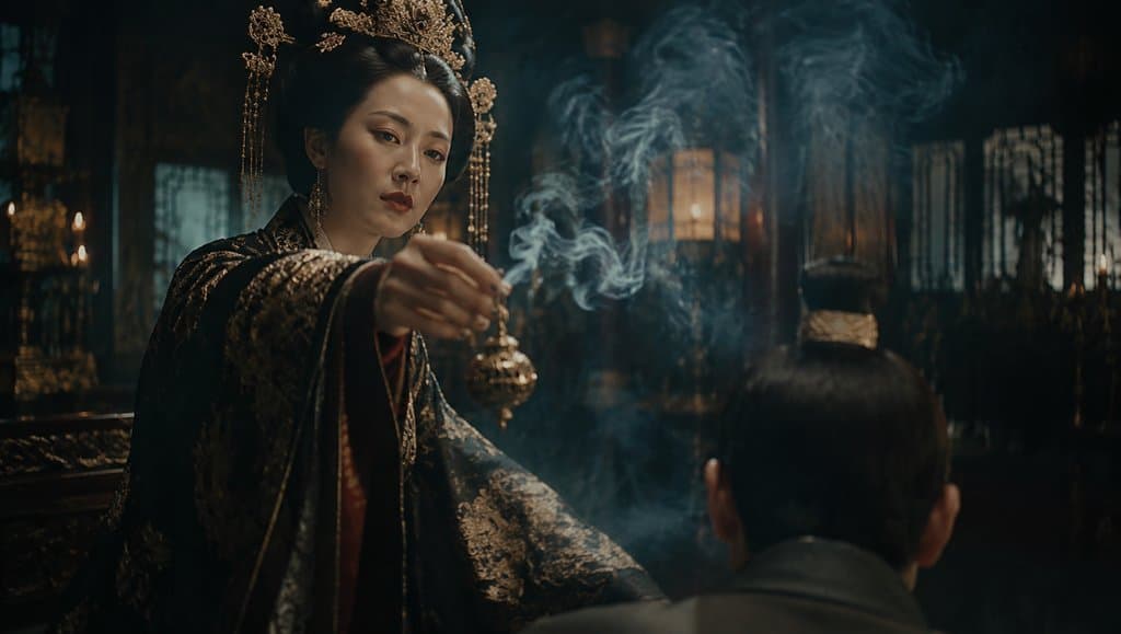 古装女子手持香炉，烟雾缭绕，宫廷氛围浓厚，写实风格