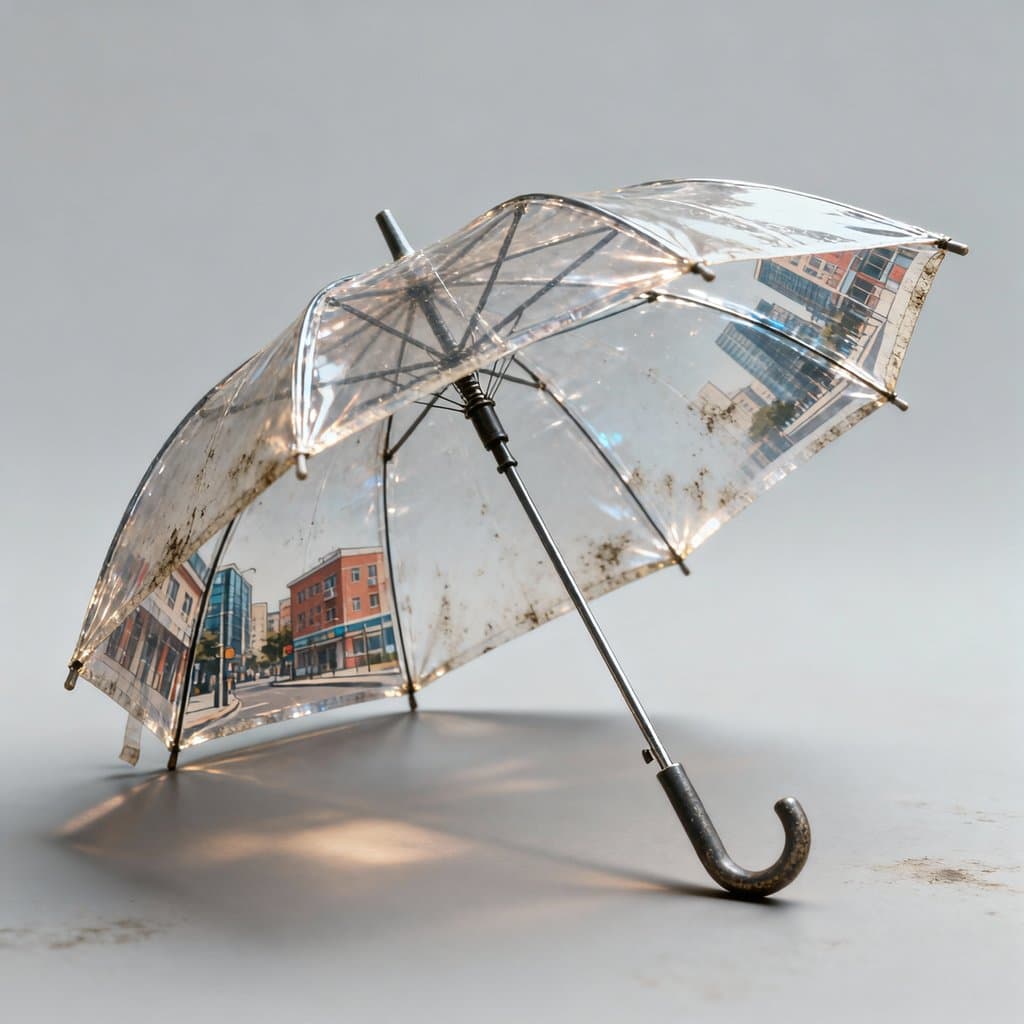 透明印花雨伞，伞面印有城市建筑图案，复古风格