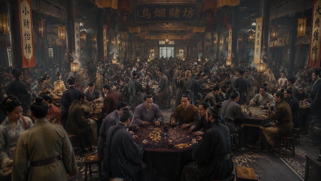 古装赌坊内，众多赌客围坐赌桌，铜钱散落，烟雾缭绕，写实风格场景