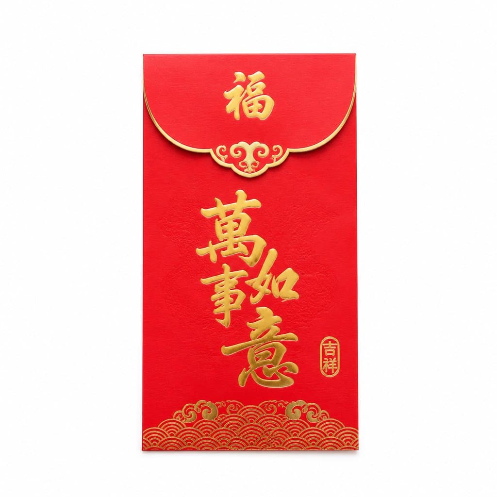 红色烫金红包，印有“万事如意”字样，封口处饰有祥云图案，现代写实风格