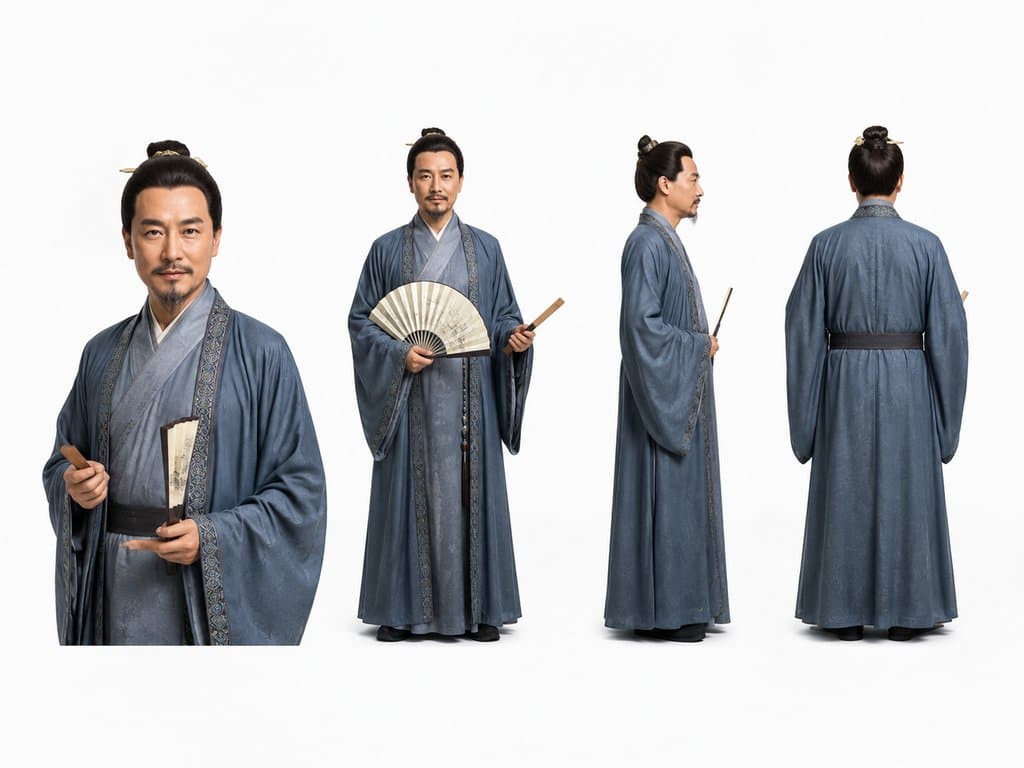 古装说书先生身着蓝色长衫，手持折扇与醒木，多角度展示，写实风格